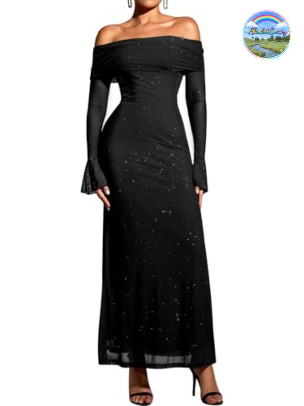 Off Shoulder Long Sleeve Maxi Bodycon Formal Dress Sequin Stretch Mesh